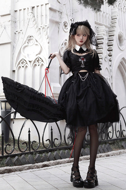 Black Rose Embroidered Cutout Top Irregular Short Sleeves Gothic Lolita Dress Set