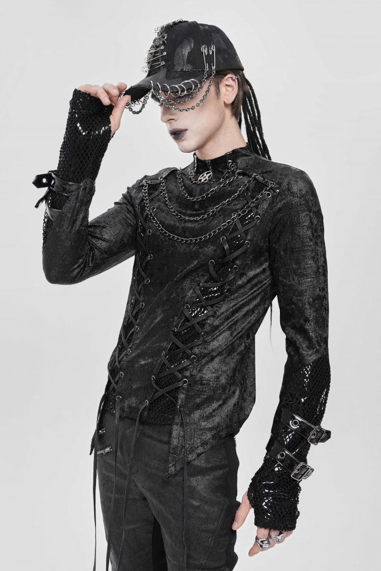 Black Stitching Lace-Up Mesh Chain Men's Punk Blouse