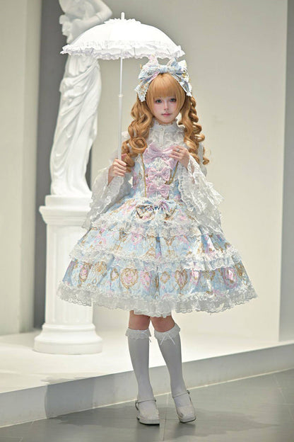 Blue [Candelabrum Elegy] Sleeveless Triple-Layered Flower Wall Printed Ruffled Bow Lace Sweet Lolita Jsk Dress
