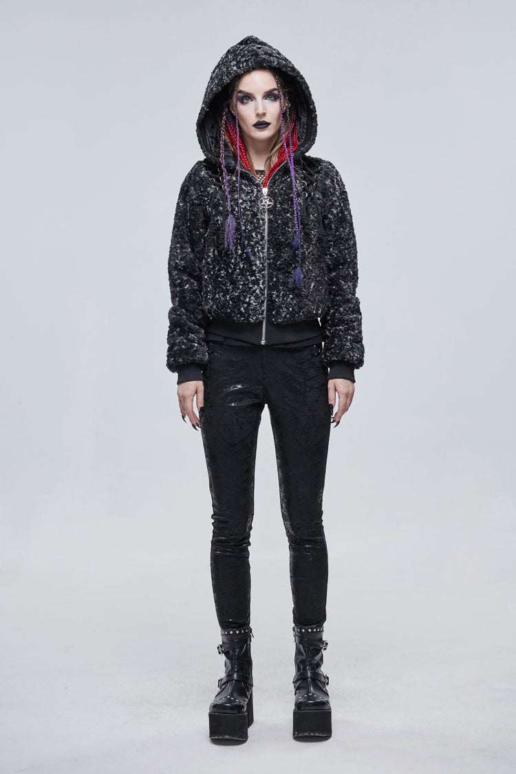Black/White Two Tone Woolen Grain Fleece Metal Five Pointed Star Zipper Women's Punk Coat