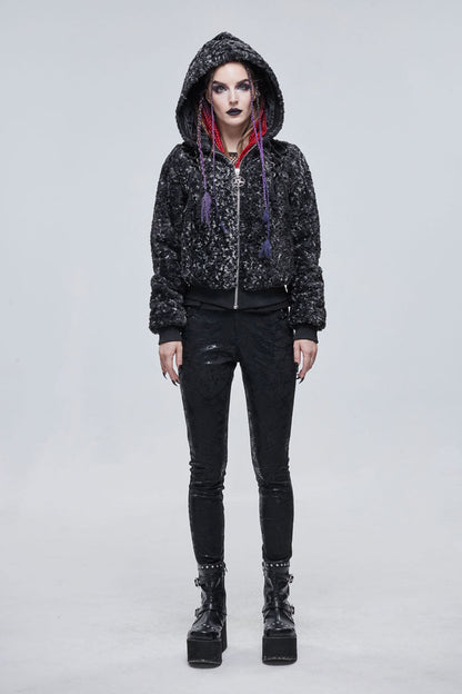 Black/White Two Tone Woolen Grain Fleece Metal Five Pointed Star Zipper Women's Punk Coat