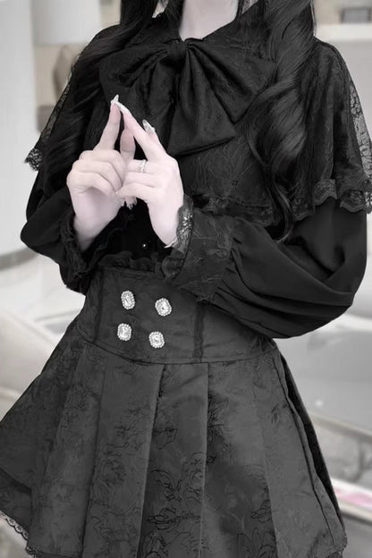 [Dark Moon Shadow] Long Sleeves Double-Layered Ruffled Embroidered Bow Lace-Up Gothic Jirai Kei Lolita Top + Skirt Set