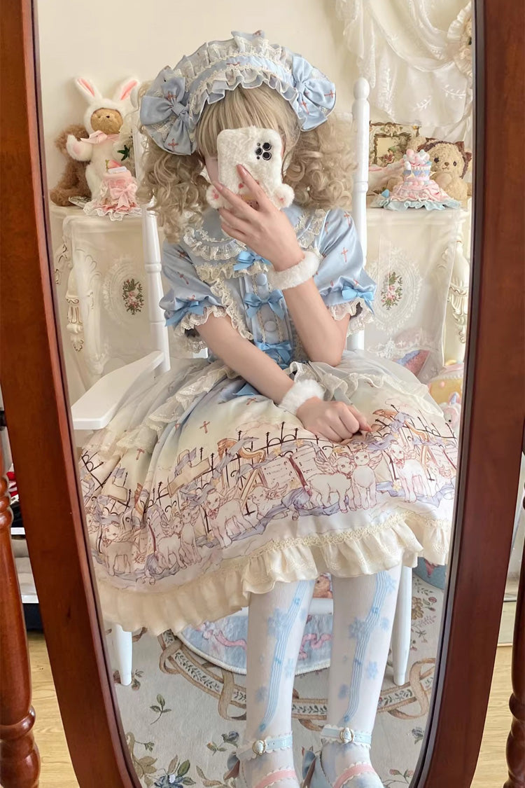 Blue [Angel Lamb] Lapel Collar Short Sleeves Printed Ruffled Bow Sweet Lolita Dress