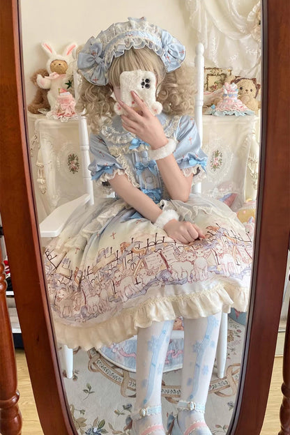 Blue [Angel Lamb] Lapel Collar Short Sleeves Printed Ruffled Bow Sweet Lolita Dress