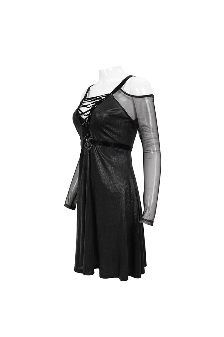 Black Stretch Knit Patchwork Fine Mesh V Neck Cross Tie Metal Pentagram Buckle Strap Women's Punk Dress
