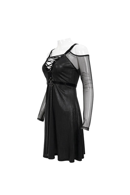 Black Stretch Knit Patchwork Fine Mesh V Neck Cross Tie Metal Pentagram Buckle Strap Women's Punk Dress