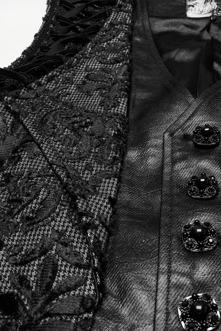 Black V Collar Long Sleeves Floral Embroidery Men's Gothic Vest