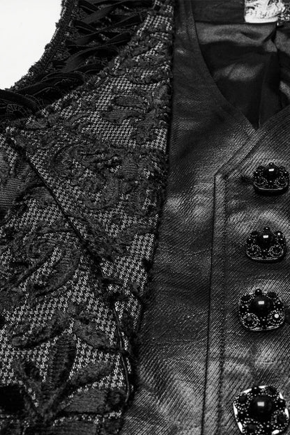 Black V Collar Long Sleeves Floral Embroidery Men's Gothic Vest