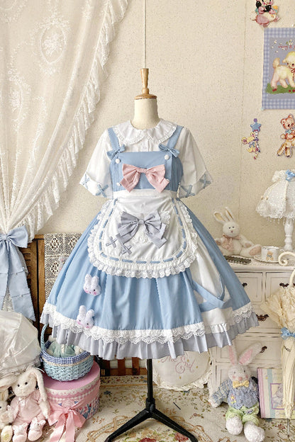 Blue [Picnic Rabbit] Ruffle Bowknot Lace Daily Sweet Lolita Jsk Dress Set