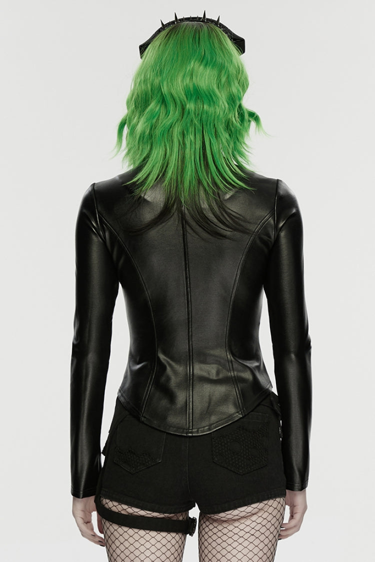 Black Stand Collar Long Sleeves Embossed Slim Women's Punk Jacket