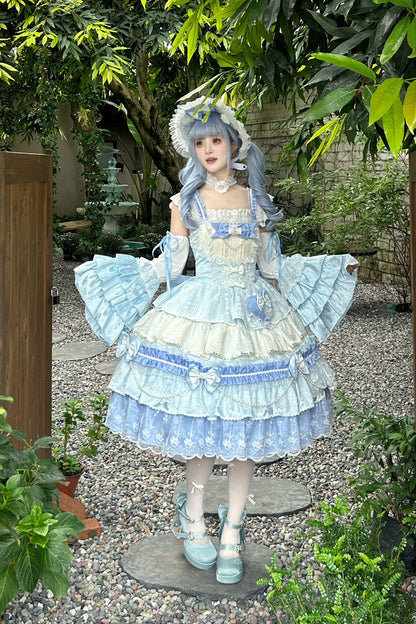Blue [Falling Sakura] Multi-Layered Ruffled Hanayome Bow Lace Sweet Plus Size Princess Lolita Jsk Dress