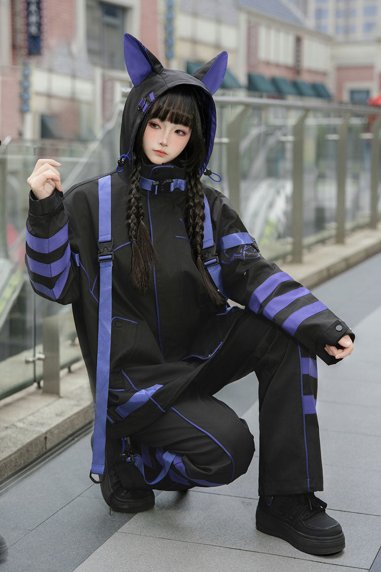 Blue/Black Long Sleeves Print Cat Ears Hooded Jirai Kei Handsome Coat