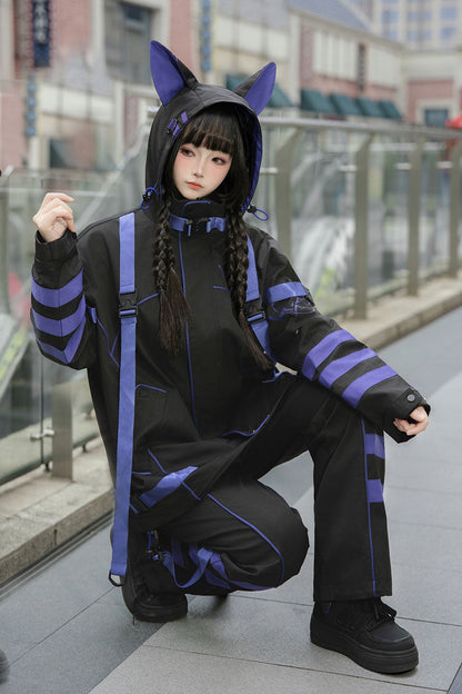 Blue/Black Long Sleeves Print Cat Ears Hooded Jirai Kei Handsome Coat