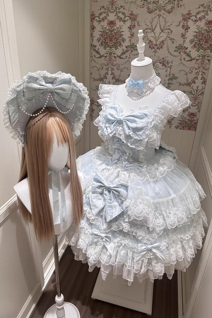 Blue [Sakura Dream Romance] Sleeveless Multi-Layered Ruffled Hanayome Bow Lace Sweet Princess Lolita Jsk Dress