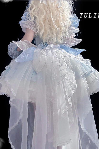Blue [Tulip and Wind Chime] Multi-Layered Ruffle Bowknot Lace Sweet Gorgeous Lolita Jsk Dress