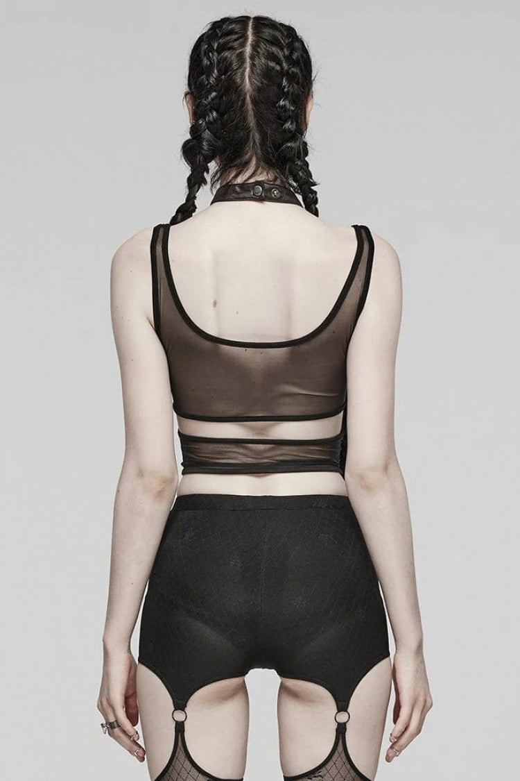 Black Sleeveless Hollow Stitching Mesh Cutout Ring Womens Steampunk Vest