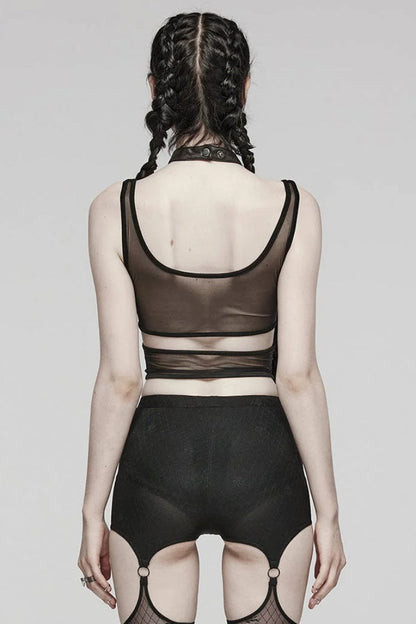 Black Sleeveless Hollow Stitching Mesh Cutout Ring Womens Steampunk Vest