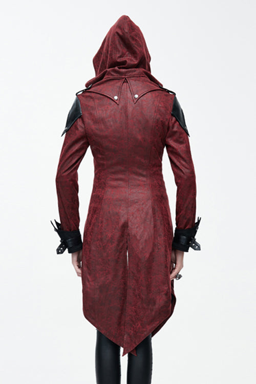 Punk Black And Red Applique Womens Hooded Leather Long Coats