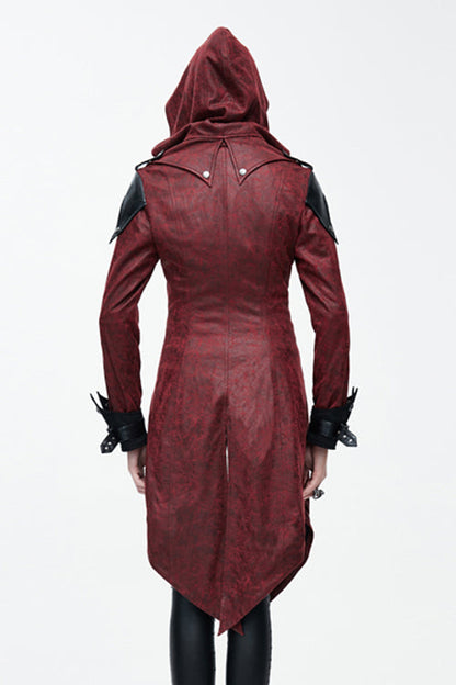 Punk Black And Red Applique Womens Hooded Leather Long Coats