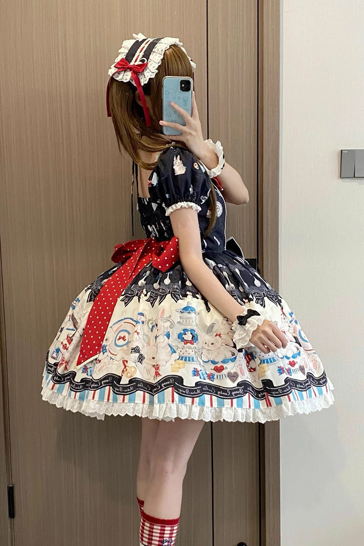 Black [Mystery Rabbit Tea Party] Square Collar Short Sleeves Print Ruffle Bowknot Lace Sweet Lolita Dress