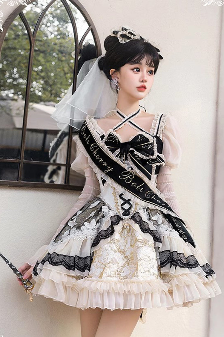 Black/Gold [Lilibet] Print Ruffle Cardigan Bowknot Lace Fishbone Sweet Lolita Dress