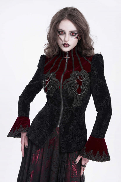 Black/Red Stand Collar Long Trumpet Sleeves Embroidery Women's Gothic Jacket