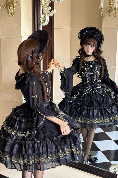 Black [Dream-Sinking Pearl Veil] Doll-Style Sleeveless Multi-Layered Ruffled Bow Lace Daily Gothic Lolita Dress