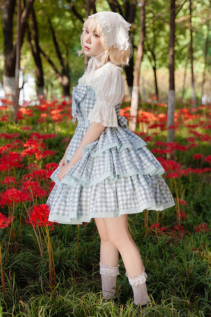 Blue [Cloth Cat] Triple-Layered Plaid Print Ruffle Bowknot Sweet Lolita Dress 2 Colors