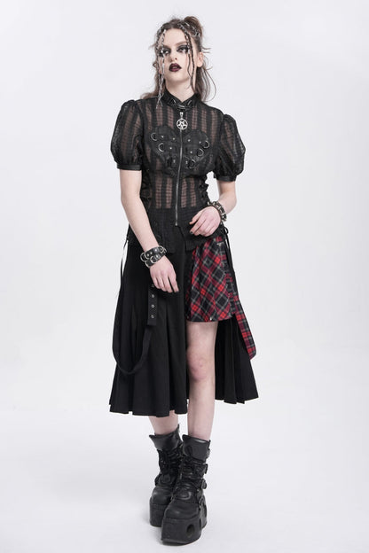 Black Stand Collar Short Puff Sleeves Sheer Mesh Women's Gothic Blouse
