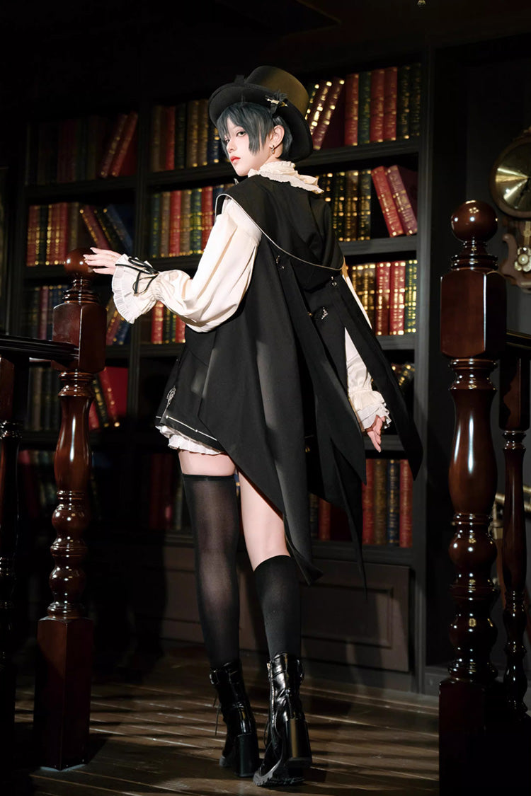 Black [Rabbit-Ear Meteorite] Stand Collar Long Sleeves Ruffled Embroidered Bow Gothic Ouji Lolita Shorts Vest Set