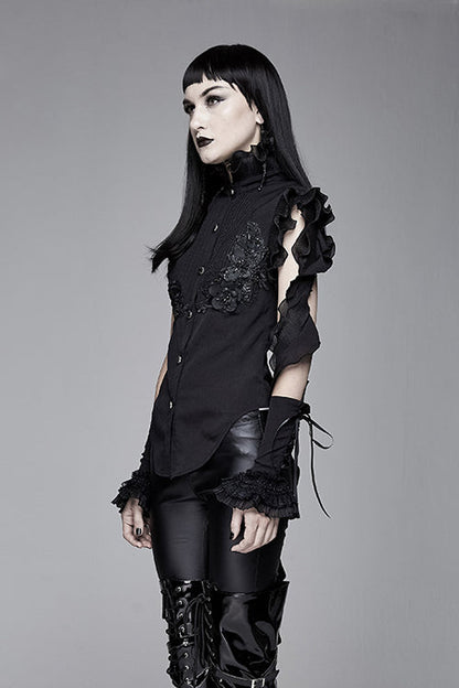 Black Ruffled Lace Sleeves Chiffon Swallowtail Womens Gothic Blouse