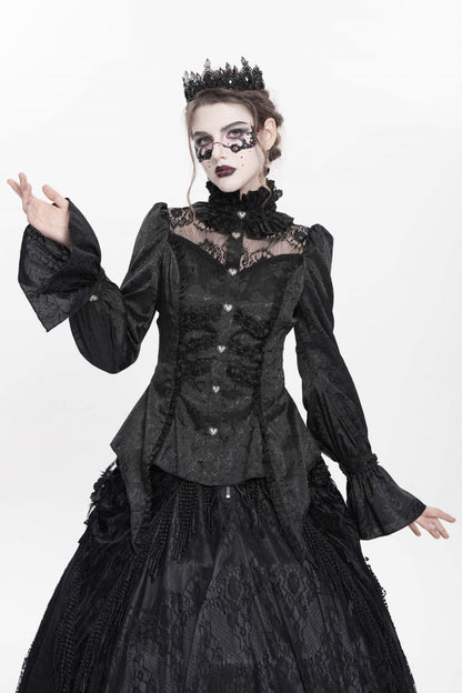 Black Stand Collar Long Sleeves Jacquard Hollow Lace Women's Gothic Blouse