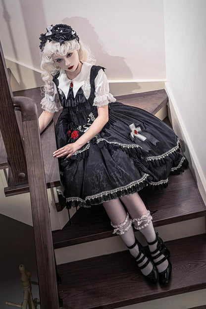 Black [Night Rose] Ruffle Bowknot Lace-Up Short Front and Long Back Gothic Gorgeous Lolita Jsk Dress