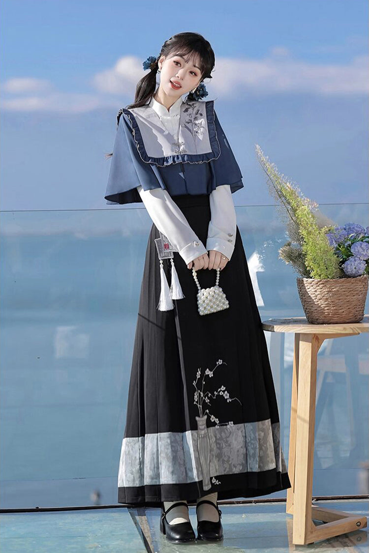 Black/Blue Round Collar Long Sleeves Print Slim Women's Classic Hanfu Dress Three-piece Set