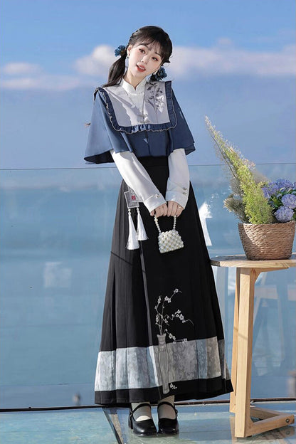Black/Blue Round Collar Long Sleeves Print Slim Women's Classic Hanfu Dress Three-piece Set