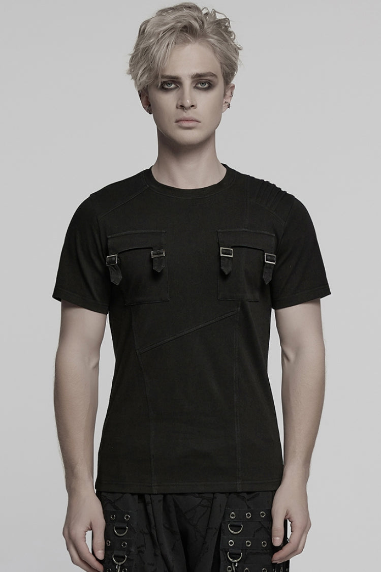 Black Round Collar Short Sleeves Pocket Denim Men's Punk T-Shirt