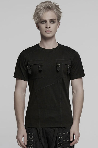 Black Round Collar Short Sleeves Pocket Denim Men's Punk T-Shirt