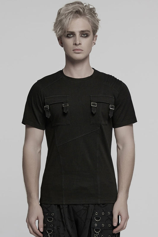 Black Round Collar Short Sleeves Pocket Denim Men's Punk T-Shirt