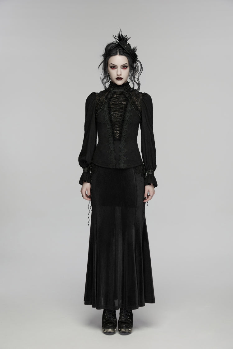 Black Stand Collar Long Sleeves Lace Lace-Up Slim Women's Gothic Blouse