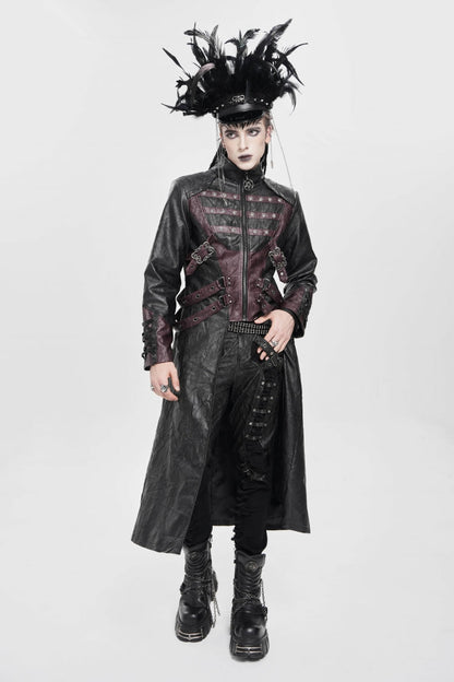 Black/Red Stand Collar Zipper Straps Eyelet Men's Punk Coat