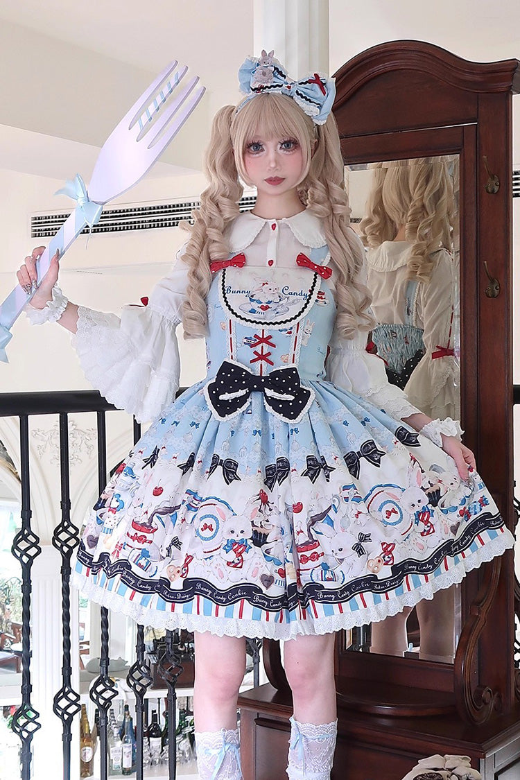Blue [Mystery Rabbit Tea Party] Sleeveless Print Ruffle Bowknot Lace Sweet Lolita Jsk Dress