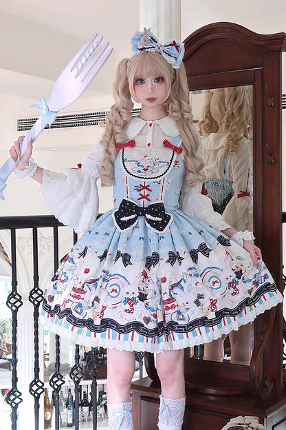 Blue [Mystery Rabbit Tea Party] Sleeveless Print Ruffle Bowknot Lace Sweet Lolita Jsk Dress