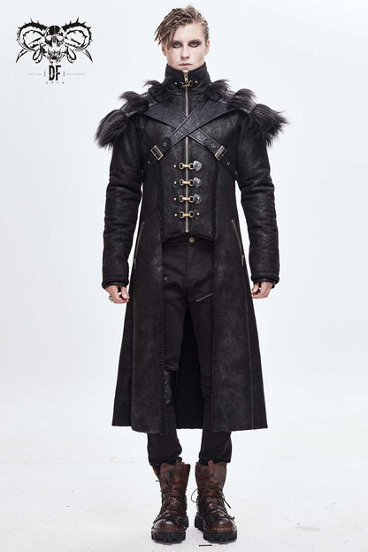 Black Stand Up Collar Shoulder Fur Cape Front Metal Hasp Chest Loops Long Fur Men's Punk Coat