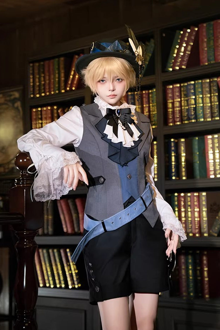 White/Grey/Blue [Age of Machines] Bow Asymmetric Punk Prince Ouji Lolita Shorts Vest Cloak Set