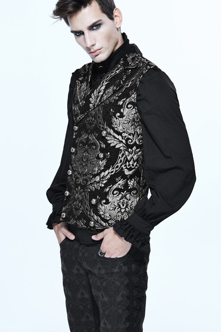 Black/Silver Palace Short Big Jacquard Pattern Men's  Gothic Waistcoat