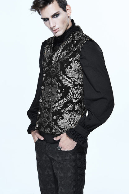 Black/Silver Palace Short Big Jacquard Pattern Men's  Gothic Waistcoat