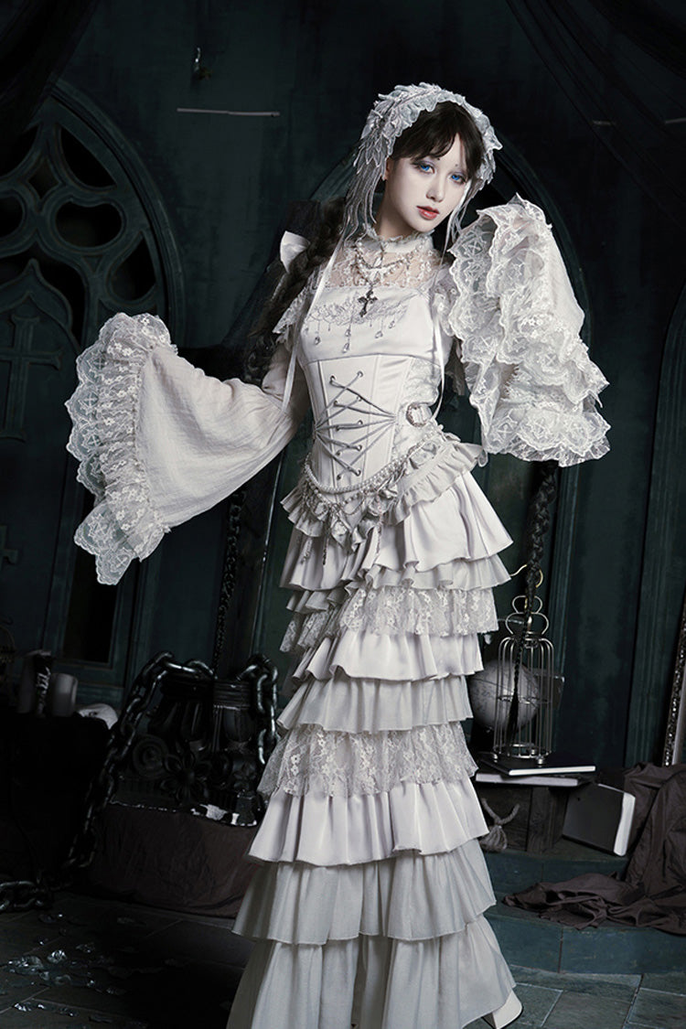 Solid Color [Bionic Doll] Square Collar Multi-Layered Ruffle Bowknot Lace-Up Gothic Lolita Fishtail Skirt Corset Set