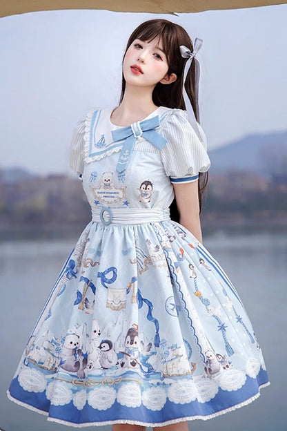 Blue [Penguin Navy] Short Sleeves Print Ruffle Bowknot Sweet Princess Lolita Dress