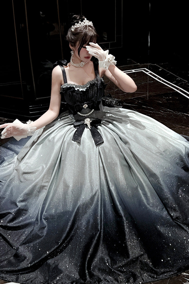 Blue [Fantasy Sea Star River] Sleeveless Print Ruffle Hot Stamping Bowknot Lace Sweet Gorgeous Lolita Jsk Dress