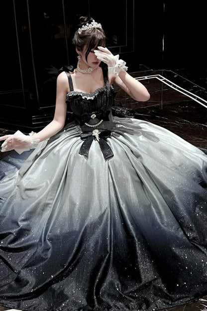 Blue [Fantasy Sea Star River] Sleeveless Print Ruffle Hot Stamping Bowknot Lace Sweet Gorgeous Lolita Jsk Dress
